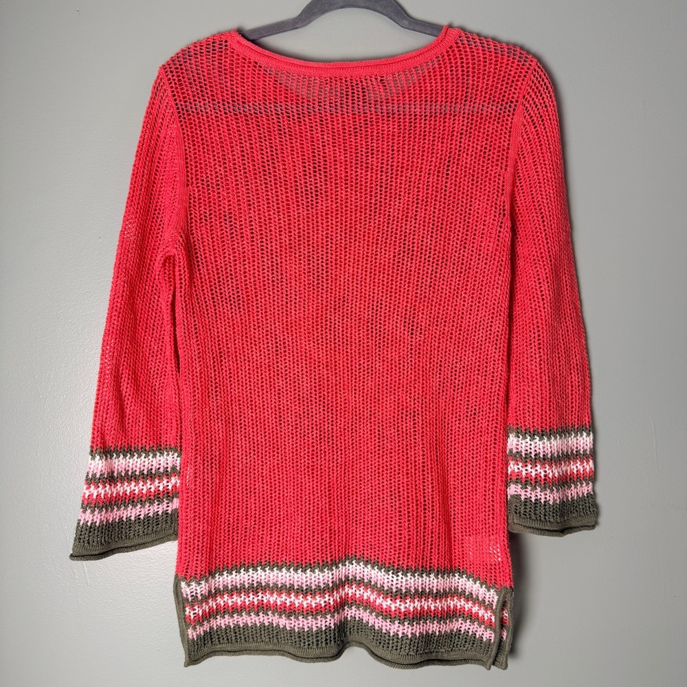 Tommy Bahama Coral Linen Blend Open-Knit Crewneck Sweater Striped Sleeve XS - Picture 3 of 5